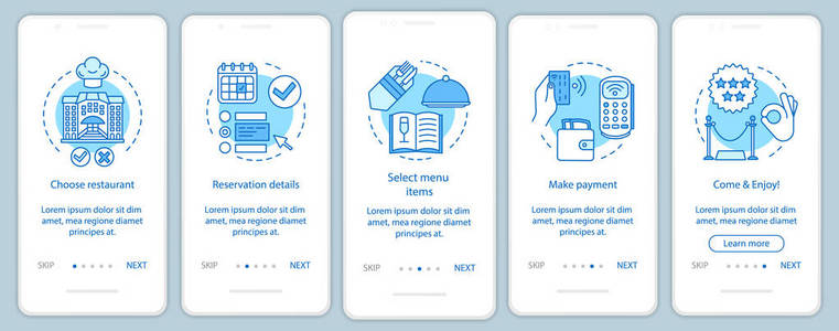 餐厅入职移动应用页面屏幕矢量模板。 客人咖啡馆活动。 晚餐菜单付款。 演练网站步骤与线性插图。 UXUI Gui智能手机界面概念