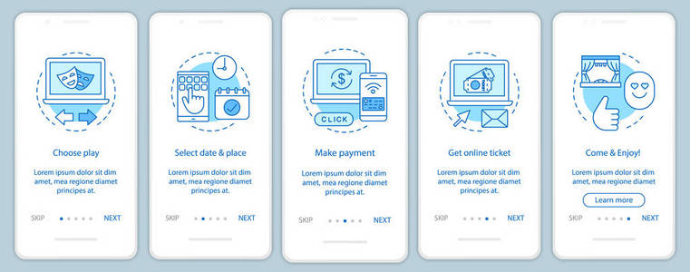 剧院入职移动应用程序页面屏幕矢量模板。 玩在线门票支付。 壮观的事件。 演练网站步骤与线性插图。 UXUI Gui智能手机界面概