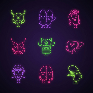 悲伤的人体内脏人物霓虹灯图标设置. 发光的标志.
