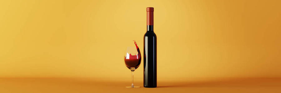 玻璃和一瓶红酒复制空间原始3D渲染