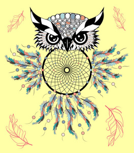 捕梦者。 猫头鹰。 纹身艺术神秘符号。 抽象的羽毛。 打印。 美国印第安人的象征。 成人精神放松的设计