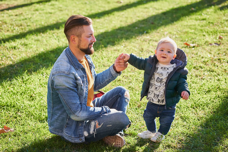 s hand when walking in the park on a sunny day. Father and son. 