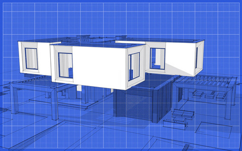 现代舒适住宅花园三维渲染草图与车库出售或租赁。 图形黑线草图与白点在蓝图背景。