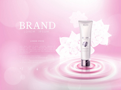 保湿玫瑰茶花化妆品皮肤在管广告模板上广告化妆品模型上的水和隔离。
