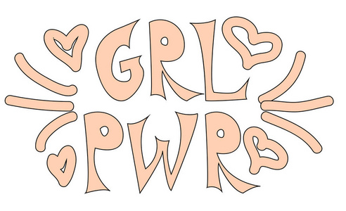 女孩权力铭文手写与明亮的粉红色生动字体。 格尔PW R手刻字。 女权主义口号短语或引文。 现代印刷品。