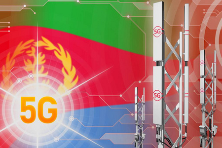 厄立特里亚5g网络工业插图巨大的蜂窝塔或桅杆在高科技背景与旗帜3D插图。