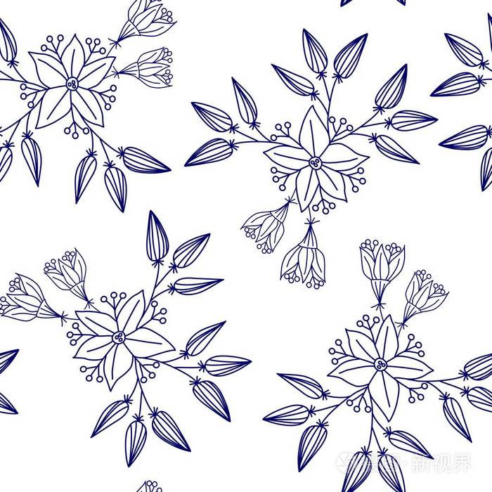 手绘花卉点缀重复无缝矢量图案白色背景上的蓝线艺术