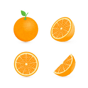 一组四个新鲜橙子不同的视图整个半片锥与绿叶。 天然有机水果分离在白色上。 三维真实橙色矢量插图。 易于编辑模板。