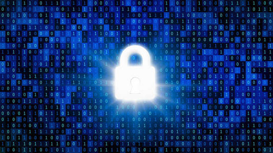安全锁，用于保护密码与01或二进制数在计算机屏幕上监控背景矩阵数字数据代码的安全技术概念。 三维抽象插图
