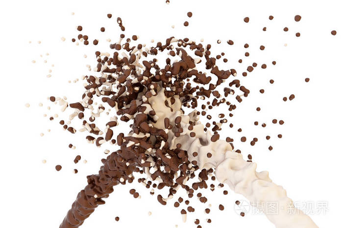 巧克力和牛奶的飞溅液体巧克力两个流合在一起孤立在白色背景上糖果