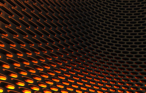 金属网格格栅。摘要高分辨率三维渲染背景。带有橙色光的黑色碳网格的三维渲染。