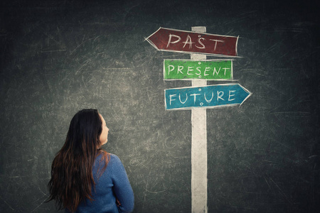 后视镜女人在黑板前看着一个路标,箭头显示过去的现在和未来.