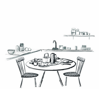 舒适的酒吧,餐厅,咖啡厅或厨房.手绘, 素描.餐桌照片