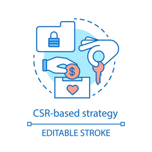 企业社会责任概念图标。 CSR战略思想细线插图。 核心价值观。 可持续的企业。 私人信息。 矢量孤立轮廓绘制。 可编辑行程