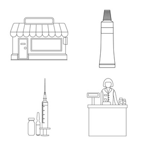 药房和医院图标的隔离对象。一套药房和业务向量图标的股票