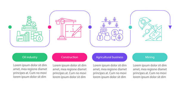 制作矢量信息模板。 石油工业建设农业开采。 业务演示设计。 数据可视化步骤和选项。 进程时间轴图。 工作流程布局