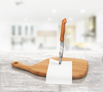 木板一把刀，厨房背景上有一张白纸。 菜单。 三维插图