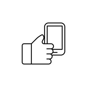 手举手机轮廓图标。 网站简单图标元素，网页设计，移动应用程序。 在白色背景上设计和开发的标志和符号收集图标