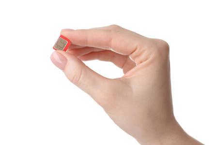 女性手拿白色背景的sim卡照片