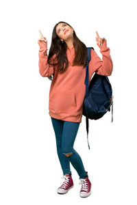 一个穿着运动衫背包食指指向的青少年女孩的完整照片是个好主意