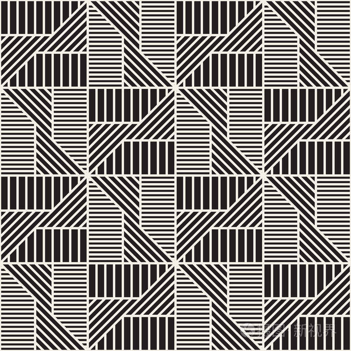 带有条纹的抽象几何图案. 矢量无缝背景. 黑白线性晶格纹理.
