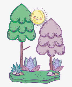 有太阳和植物的自然树，树叶矢量插图