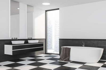 时尚浴室的角落，白色和灰色砖墙瓷砖地板白色浴缸和双水槽站在白色和黑色台面。 3D渲染