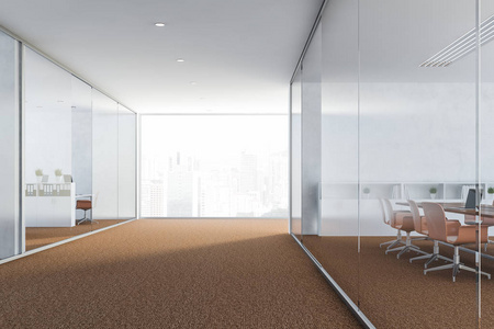 办公室大厅，白色墙壁，棕色地毯在地板上，木制和白色的电脑桌和书柜通过玻璃墙看到。 3D渲染