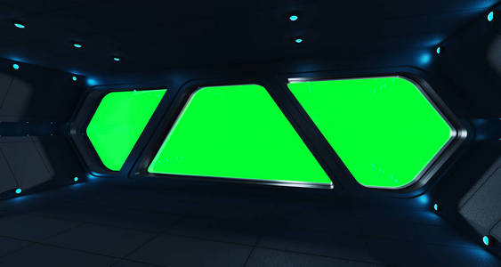 太空船未来室内，孤立的绿色窗口视图