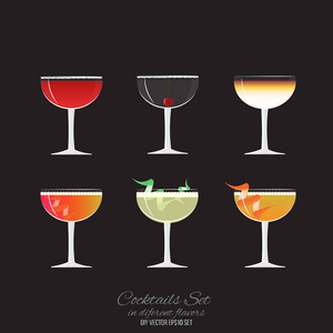 一套6个鸡尾酒在跑车玻璃矢量插图酒吧或饮料菜单网和打印。