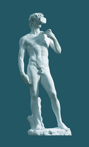 雕塑大卫与 vr 眼镜在蓝色背景