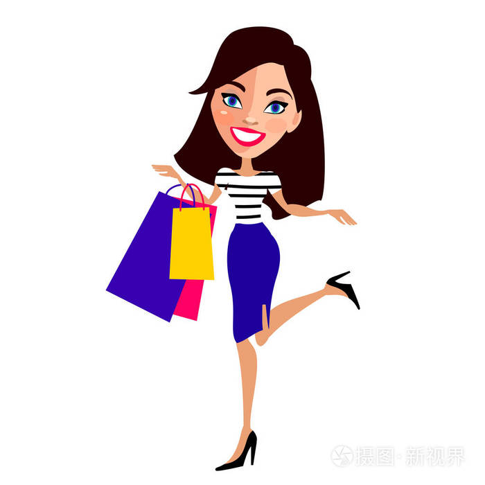 带着白色背景购物袋的卡通女人