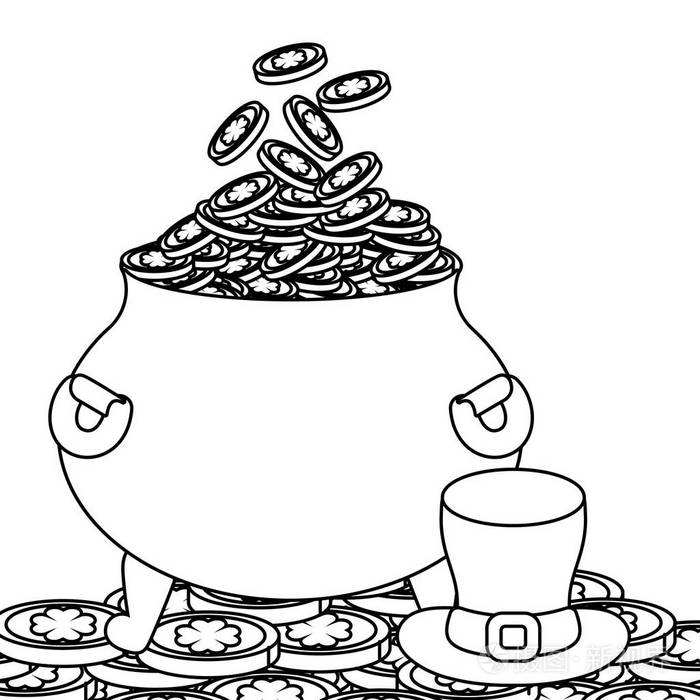圣帕特里克日与金币锅，帽子卡通矢量插图，平面设计