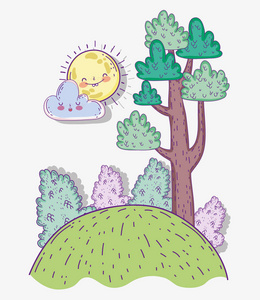 有灌木和太阳的自然树和云矢量插图