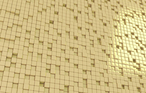抽象几何形状的黄金立方体三维渲染。 未来主义风格的光泽金背景。