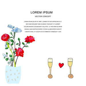 手绘插图两个眼镜和花在花瓶与文字框架。 带有文本框架的情人节主题剪贴画。 白色背景上的孤立元素。 矢量。