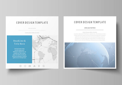 两方格式的可编辑布局，简约矢量图包括小册子 传单 小册子的设计模板。世界地球仪上蓝色。全球网络连接，线条和点