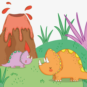 可爱的三叉戟夫妇野生动物与火山矢量插图