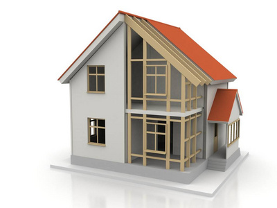 房子3D渲染插图与开放的内部在顶部。蓝图，文件，吊车及抵押计算..