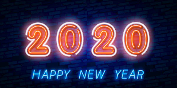 2020年新年概念与五颜六色的霓虹灯。演示文稿传单传单海报或明信片的复古设计元素。矢量插图