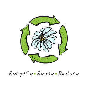 手绘矢量回收徽标。素描涂鸦再利用符号与花隔离在白色背景。生态设计零浪费生活方式的回收标志