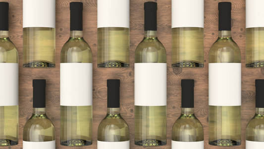 白色葡萄酒瓶的图案，木制背景上有空白标签。 设计或品牌模板。 三维渲染图