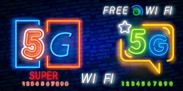 霓虹灯5g 新的无线互联网无线网络连接霓虹灯标志向量。5g 设计模板霓虹灯, 光横幅, 霓虹灯招牌, 夜间明亮的广告, 光题字。