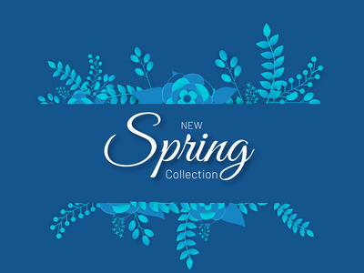 春天收藏横幅或海报设计，装饰纸花和叶子在蓝色背景。