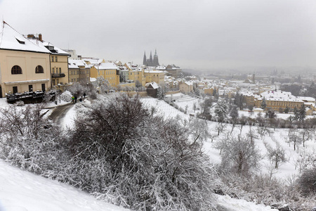 捷克共和国彼得林山带哥特城堡的多雪多雾布拉格市
