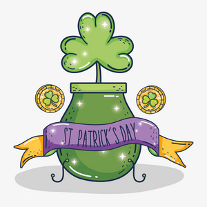 圣帕特里克庆祝大锅和三叶草矢量插图