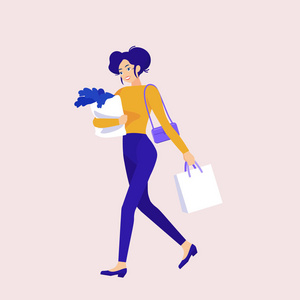 一个女人去购物。 矢量平面图形。 购物袋。 女性购物