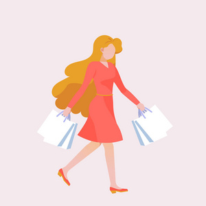 一个女人去购物。 矢量平面图形。 购物袋。 女性购物