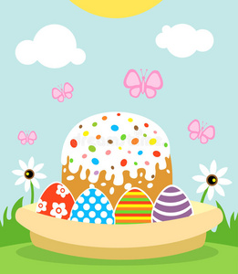 复活节快乐背景蛋糕和鸡蛋
