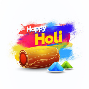矢量插图的dhol鼓的颜色飞溅背景，印度节日霍利庆祝模板或贺卡设计。